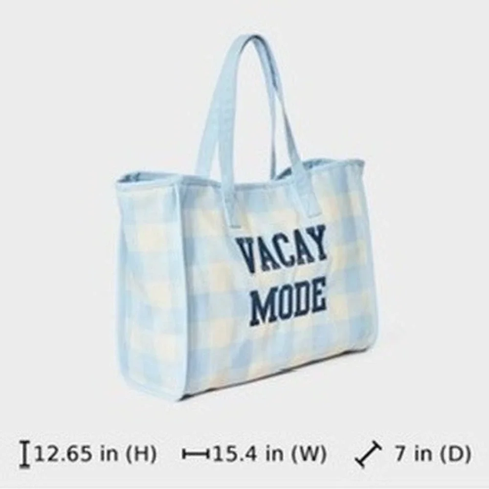 Art Class Vacay Mode Tote Bag Girls One Size Blue Gingham Summer Beach NWT